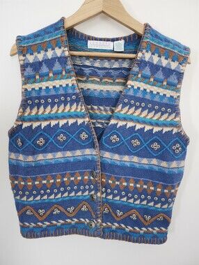 Womens Sz Medium Vintage Fair Isle Boho Western Grandpa Knit Sweater Vest Blue